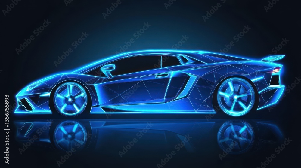 Futuristic car silhouette, wireframe design, night view, reflection Futuristic car silhouette, wireframe design, night view, reflection