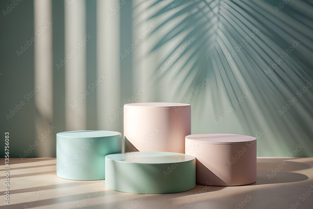 Minimalist Pastel Cylindrical Pedestals with Palm Shadow Aesthetic Minimalist Pastel Cylindrical Pedestals with Palm Shadow Aesthetic