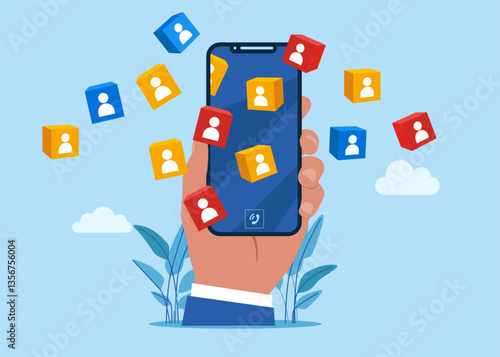 Employee or customer recruitment out of cubes from a smartphone. The recruiter selects the team. Flat vector illustration