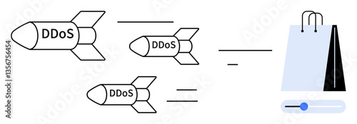 Rockets labeled DDoS racing toward a shopping bag, symbolizing cyberattacks disrupting ecommerce systems. Ideal for cybersecurity, online threats, digital commerce issues, data protection, IT