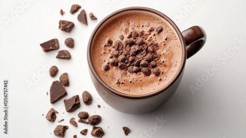 Warm indulgence a delightful mug of hot chocolate adorned with chocolate morsels on a pristine white background a tempting treat