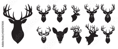 Set of deer head vector silhouette collection