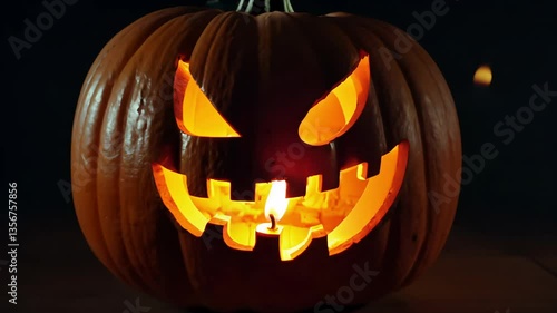 Zooming in on spooky Halloween pumpkin with a carved face glowing in the dark, perfect for festive Halloween decorations and eerie atmospheres.