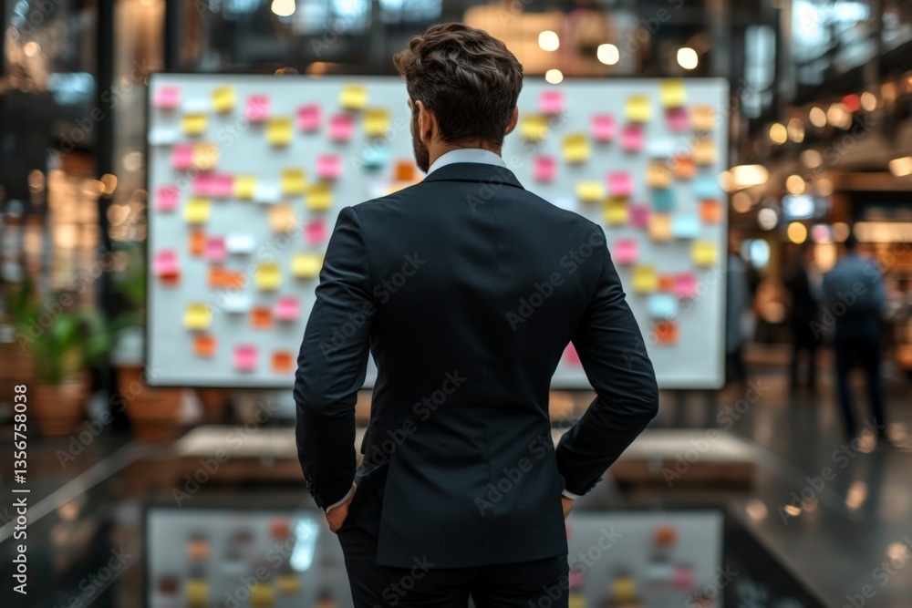 Fototapeta premium Business professional analyzes colorful sticky notes in modern office setting during brainstorming session