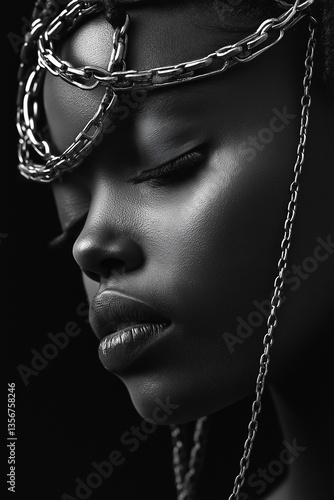 Black-and-white photography of an African woman with chains, rings on her head