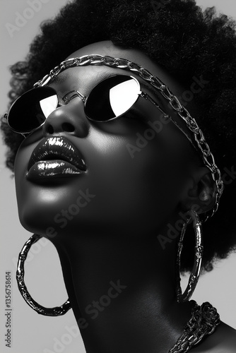Black-and-white photography of an African woman with chains, rings on her head