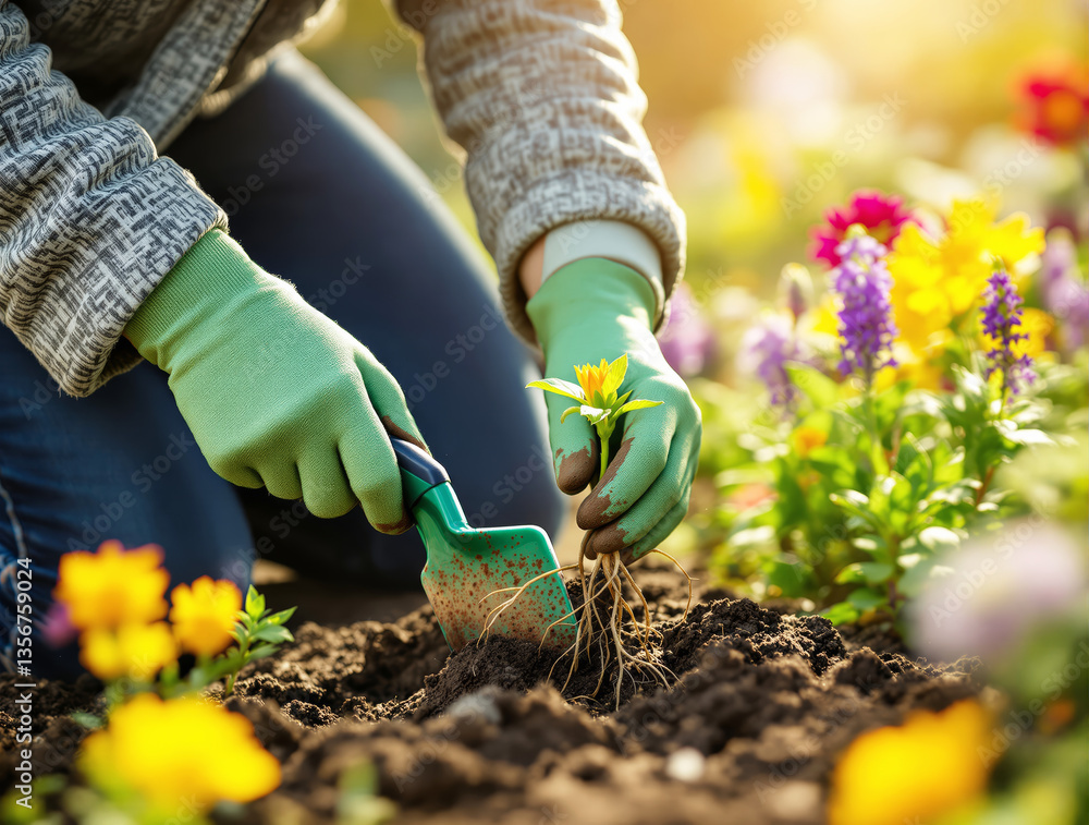 Naklejka premium Close-up of a gardener's hands wearing green gloves, planting flowers in soil using a small shovel. Vibrant flowers bloom in the background. Ai generative
