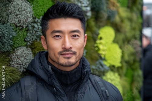 Stylish man poses confidently in front of a vibrant green wall in an urban setting during a cool afternoon