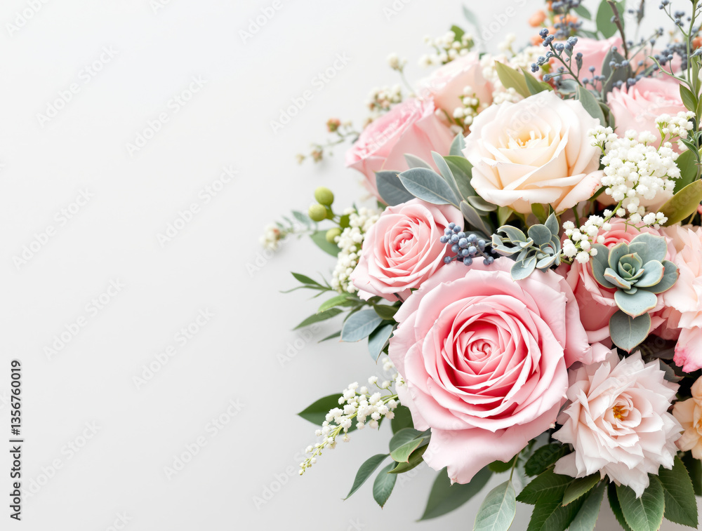 Obraz premium Beautiful bouquet of pink and white roses with green leaves and small berries on a soft light background. Creative floral wallpaper. Ai generative