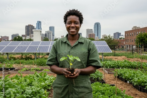 Black woman, farmer and plant with solar panel for eco friendly, sustainable future and infrastructure in city. Portrait, ecology and female person with renewable energy for natural growth
