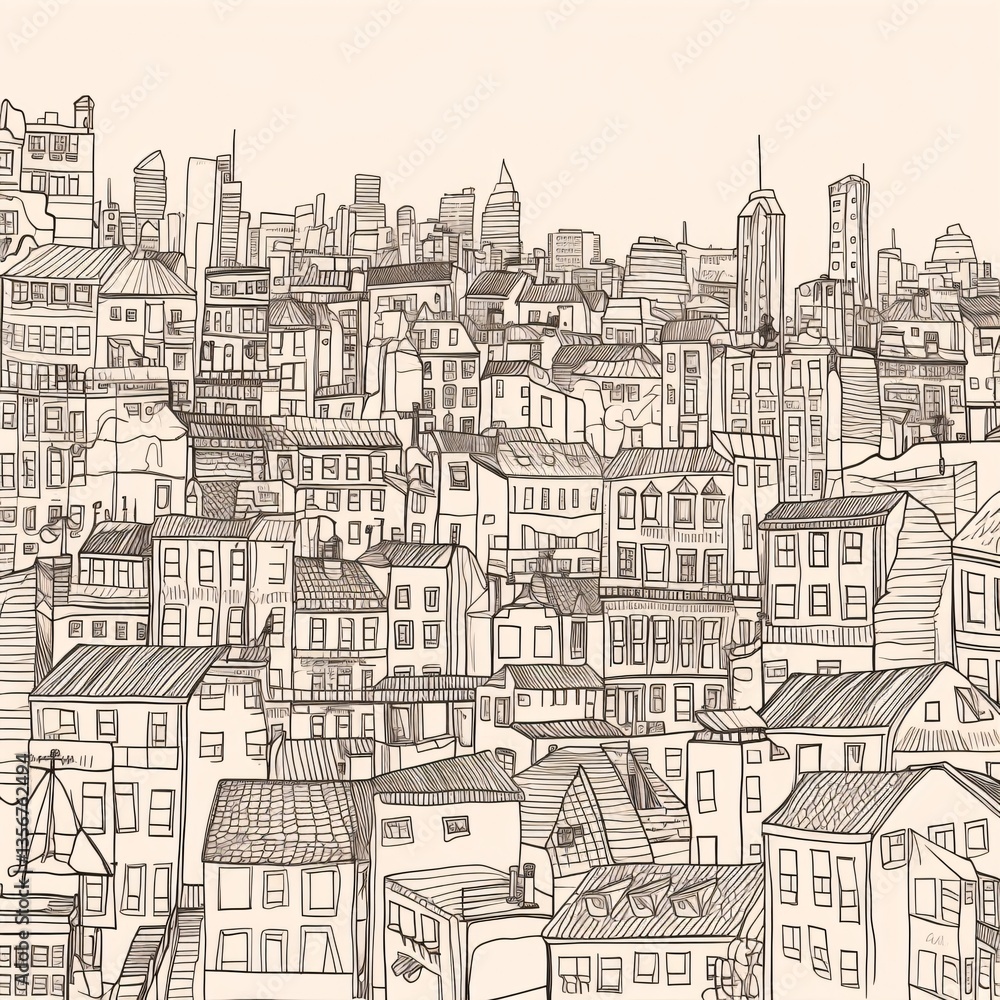 Obraz premium Urban Landscape Illustration Depicting City Buildings and Structures with Intricate Details and Architectural Elements