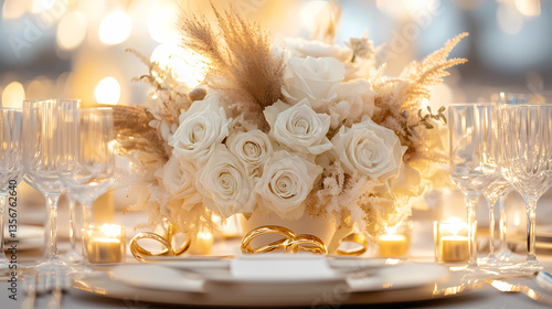 Elegant Table Setting with Floral Arrangement: A luxurious and romantic table setting adorned with a beautiful floral centerpiece, candles, and gold accents, perfect for a special event.
