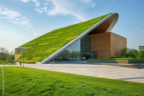 Modern architectural building with a green roof, surrounded by lush grass and clear skies