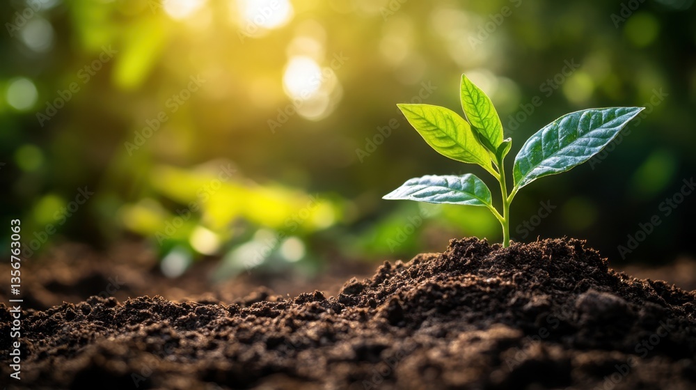 Fototapeta premium Emerging seedling in rich soil symbolizing new beginnings and growth with sunlight backdrop and green foliage