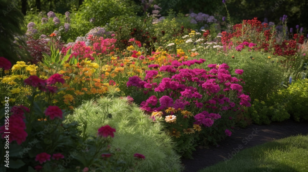 Fototapeta premium Vivid Floral Display Rich with Diverse Colors in a Garden Setting with Abundant Foliage Backdrop