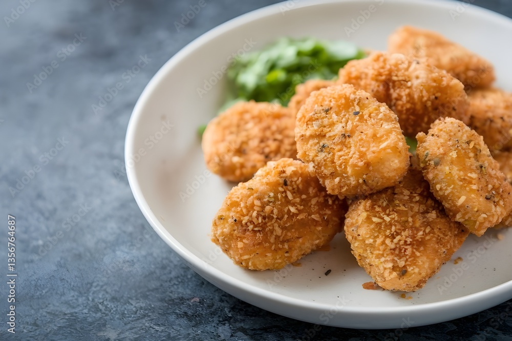Crispy chicken nuggets with barbecue dipping sauce on plate, fast food meal, kids party snack, comfort food, restaurant menu item, takeout, food delivery, lunch or dinner concept Crispy chicken nuggets with barbecue dipping sauce on plate, fast food meal, kids party snack, comfort food, restaurant menu item, takeout, food delivery, lunch or dinner concept
