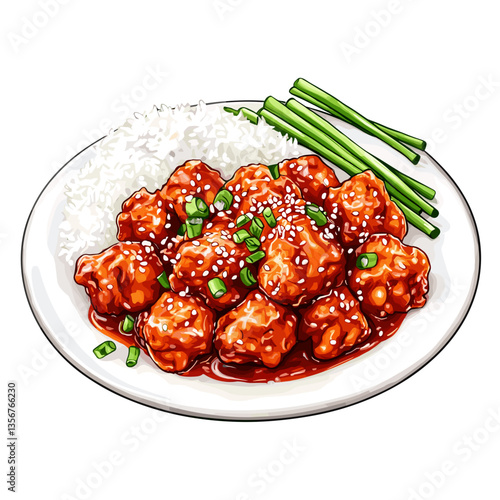 General Tso’s Chicken with Rice and Green Beans Vector