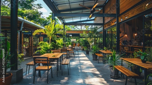 Modern outdoor caf? with wooden furniture, lush greenery, and a bright, inviting atmosphere