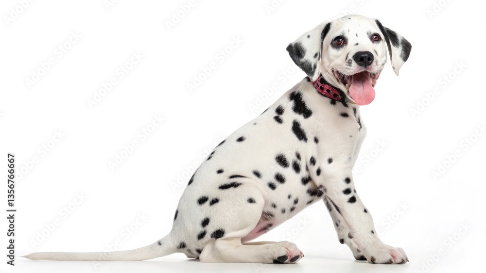 Sitting Dalmatian Puppy with Tongue Out on White Sitting Dalmatian Puppy with Tongue Out on White