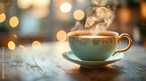 Wallpaper Mural Steaming Hot Tea in Elegant Cup on Rustic Table with Warm Bokeh Background Torontodigital.ca