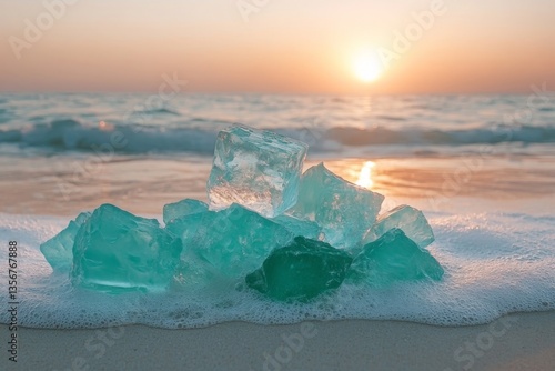 Colorful sea glass at sunset on a tranquil beach with gentle waves lapping at the shore