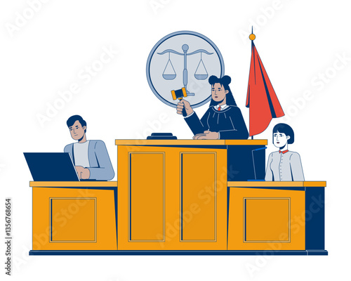 Latina female judge in courtroom holding gavel 2D cartoon characters. Indian male lawyer laptop, asian woman witness testifying flat vector people isolated on white. Spot illustration colorful