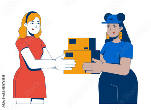 Two diverse women exchanging packages 2D cartoon characters. Delivery service, logistics. Latina courier deliverywoman, female client flat vector people isolated on white. Spot illustration colorful