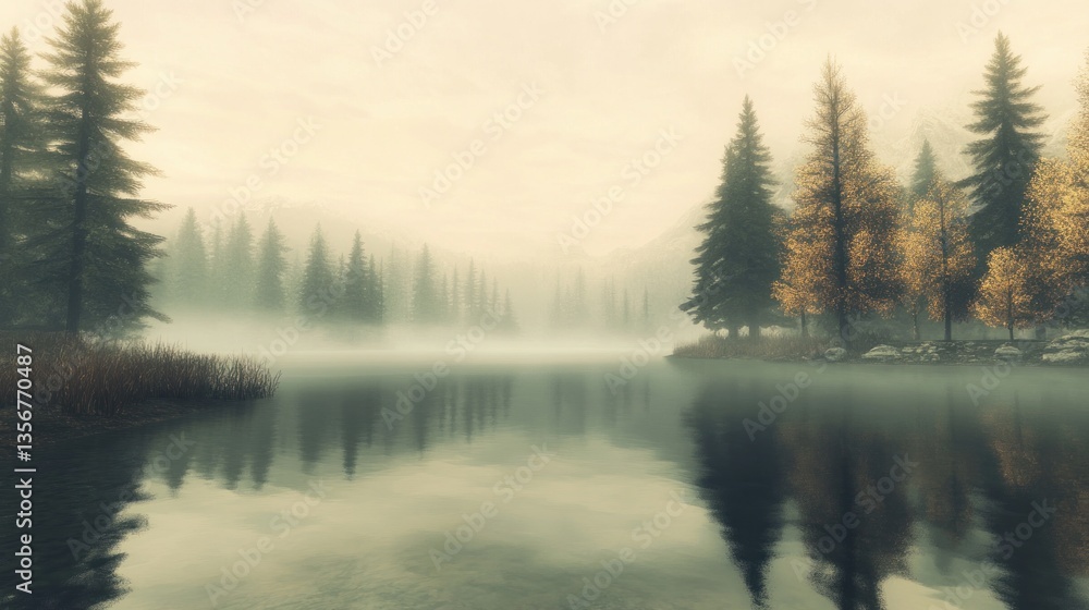 Tranquil Misty Lake Reflecting Evergreen Trees and Distant Mountain Peaks Tranquil Misty Lake Reflecting Evergreen Trees and Distant Mountain Peaks