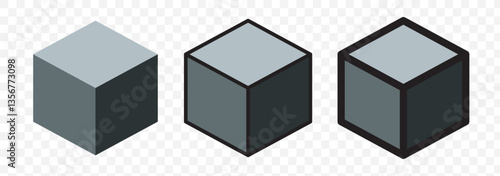 Isometric abstract cube vector icon set. Geometric block, box or brick logo. Dotted, dashed, outline, solid isolated illustrations. Wireframe 3d sign. Square three-dimensional frame. EPS10