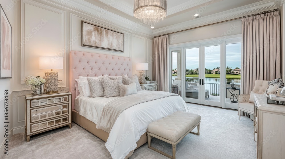 Fototapeta premium Luxurious Pink Bedroom Overlooking Waterway