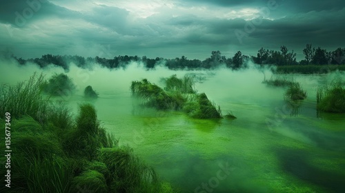 Eerie marsh landscape with verdant vegetation under a cloudy sky