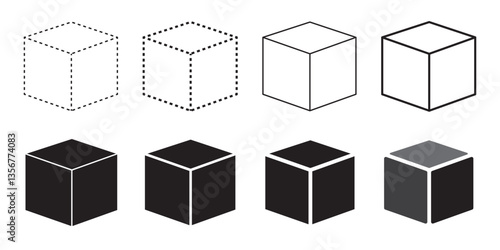 Isometric abstract cube vector icon set. Geometric block, box or brick logo. Dotted, dashed, outline, solid isolated illustrations. Wireframe 3d sign. Square three-dimensional frame. EPS10