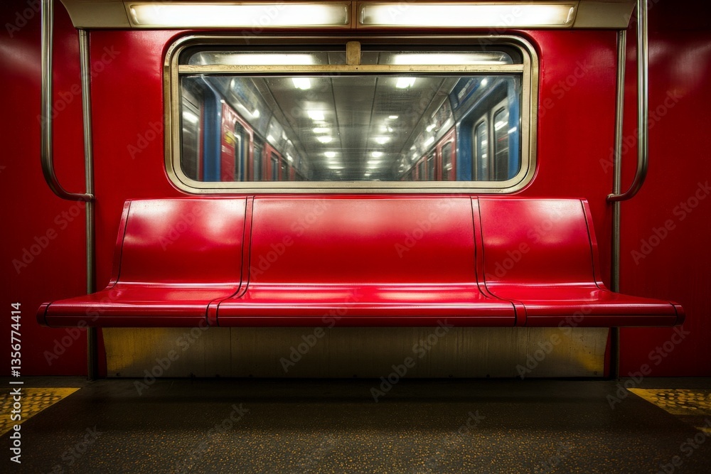 Fototapeta premium Red subway interior with empty bench and vibrant colors during quiet transit hours