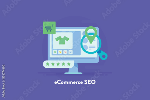 eCommerce website optimization for increase web appearance on search engine, online shopping store on pc screen with cart and magnifier.