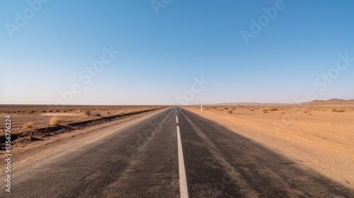 Endless Road Through Arid Landscape Under a Clear Blue Sky on a Bright Day Roadtrip Perspective