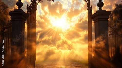 Pearly gates reveal a brilliant light as it opening, surrounded by soft clouds. This breathtaking sight symbolizes the transition to the afterlife and evokes feelings of peace and hope