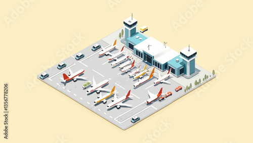 Airport Isometric Scene: An isometric illustration of an airport bustling with activity, showcasing a terminal, control towers, parked aircrafts, and service vehicles.