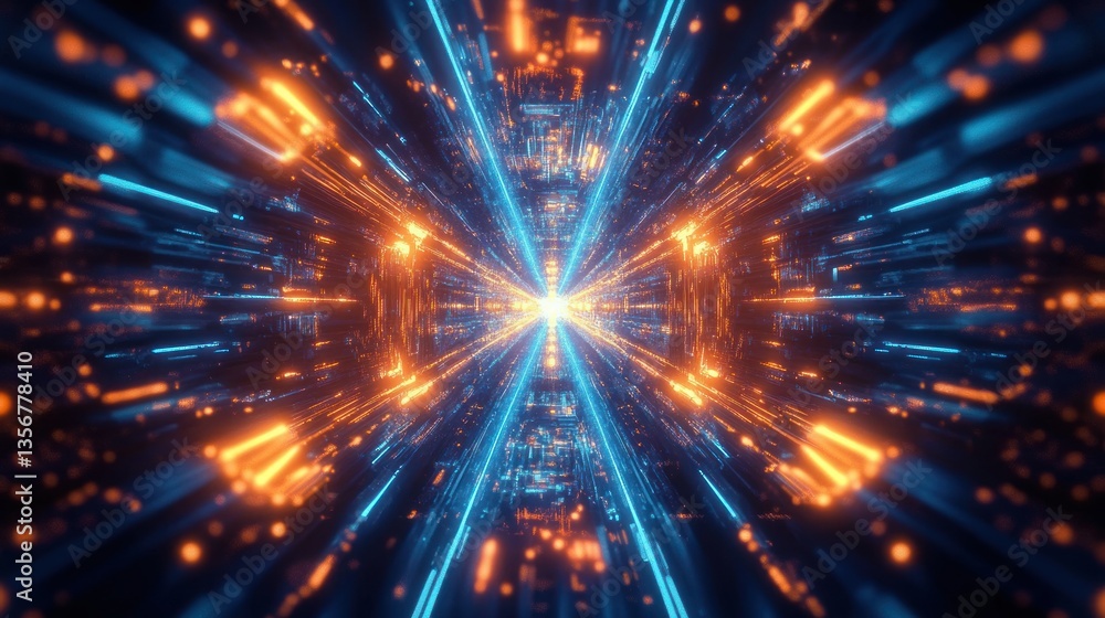 Fototapeta premium Captivating Data Tunnel Vision with Orange and Blue Light Beams Abstract Technology Background