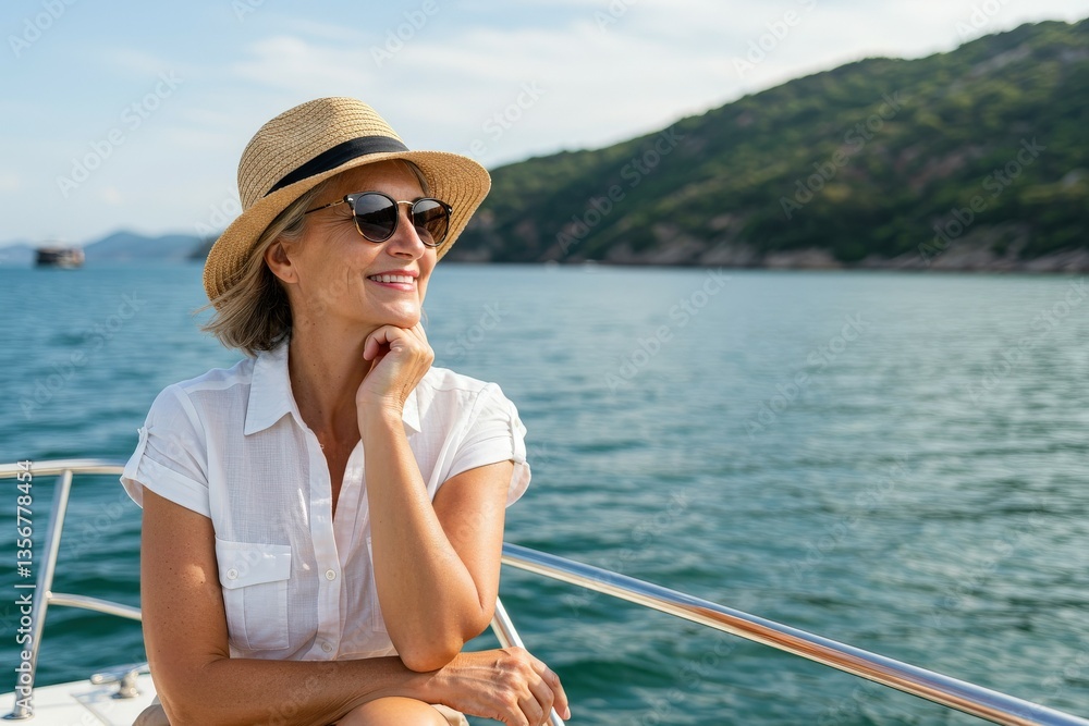 Mature woman, boat and travel with thinking for retirement, smile on water cruise for future plan. Female person, yacht or thoughtful for pension goal and summer vacation with adventure trip