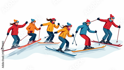 Skiers on the Slope: A vibrant group of skiers enjoys a winter day on the slopes, their colorful ski suits and energetic poses capturing the thrill and excitement of downhill skiing.