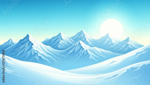 Winter Wonderland Landscape: The majestic, snow-capped mountain range under a bright sun, creating a sense of serene isolation, and the clean, crisp air of a winter day.