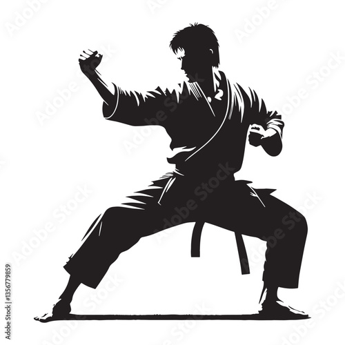 Striking Karate Fighter silhouette, frozen in a perfect sidekick - Karate illustration - Minimalist Karate vector - Strength in motion

