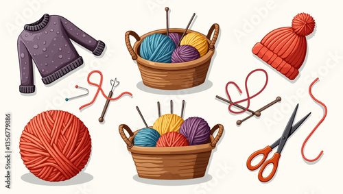 Crafting Essentials: A delightful illustration showcasing a variety of knitting tools, yarn, and a finished hat, all set against a simple backdrop, offering a cozy and inviting atmosphere.