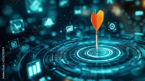 A futuristic dart hitting the center of a digital target surrounded by data and analytics. A business and technology concept for success and precision.