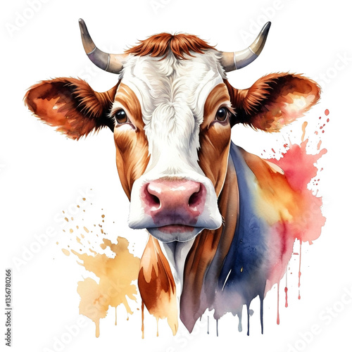 Stunning watercolor cow with soft brush strokes, PNG. Isolated background transparent 