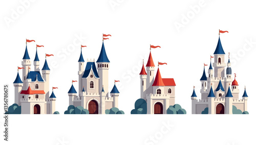 Fantasy Castle Illustration: Enchanting fairytale castles with majestic towers, ornate details, and flowing flags. A delightful collection for whimsical design projects.