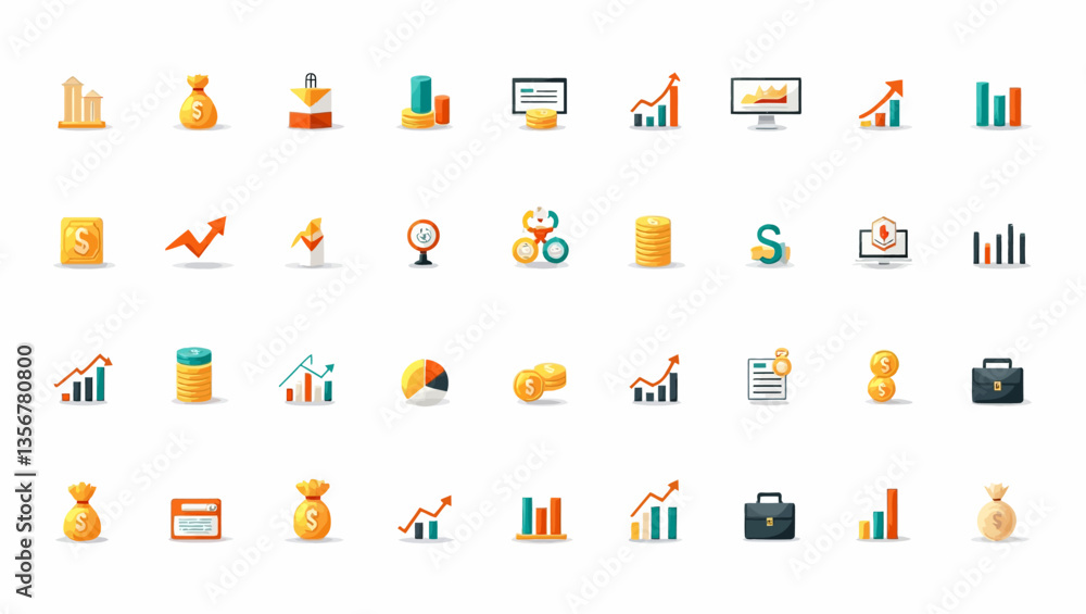 Business Growth Icon Set: A vibrant and colorful collection of 36 flat icons showcasing various aspects of business growth, finance, marketing, and development. Business Growth Icon Set: A vibrant and colorful collection of 36 flat icons showcasing various aspects of business growth, finance, marketing, and development.