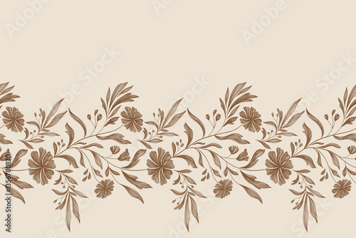 Vintage Floral patterns seamless background border embroidery ethnic batik retro. Flower motifs paisley batik. Brown silhouette watercolour flowers ikat design hand drawn. Vector illustration