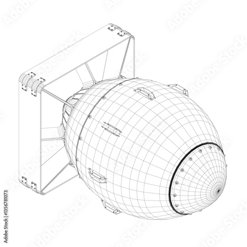 A bomb is shown in a black and white drawing. The bomb is large and has a lot of detail, including a pointed nose and a large, round body. The drawing gives the impression of a powerful