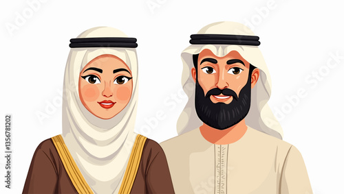 Arab Couple Portrait: A  gentleman in a traditional white thobe with a beard and a lady in a headscarf, both smiling warmly, capture the beauty of traditional Arabic attire and cultural diversity. 